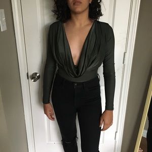 Green slinky cowl neck bodysuit